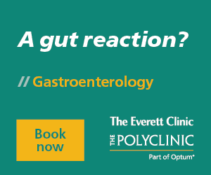 Banner promoting gastroenterology services at The Everett Clinic and The Polyclinic, featuring the text "A gut reaction?" and a call-to-action button to "Book now."