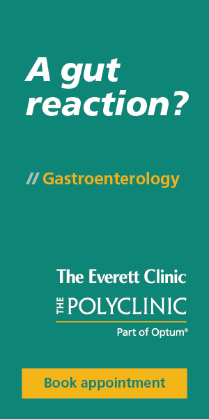 Promotional banner for The Everett Clinic's gastroenterology services, featuring the text "A gut reaction?" and a call to action to book an appointment.