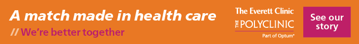 Banner promoting partnership between The Everett Clinic and The Polyclinic, highlighting collaboration in healthcare with a call to action to learn more about their story.