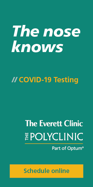Banner promoting COVID-19 testing services at The Everett Clinic and The Polyclinic, part of Optum, with a call to action to schedule online.