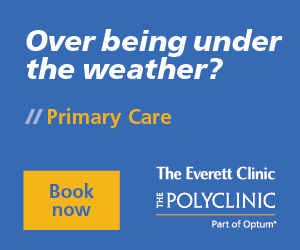 Banner promoting primary care services at The Everett Clinic and The Polyclinic, encouraging patients to book appointments for health concerns.