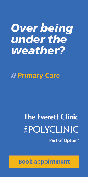 Graphic promoting primary care services at The Everett Clinic and The Polyclinic, featuring a blue background with text about weather-related health inquiries.