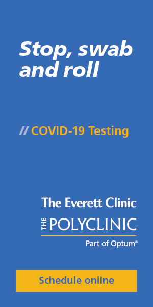 COVID-19 testing information from The Everett Clinic and The Polyclinic, featuring a blue background with bold text.