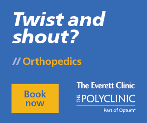 Promotional image for orthopedic services at The Everett Clinic and The Polyclinic, featuring the text "Twist and shout?" and a call-to-action button that says "Book now."