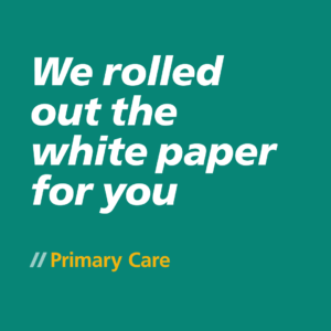 Text graphic announcing the release of a white paper related to primary care, featuring bold typography on a teal background.