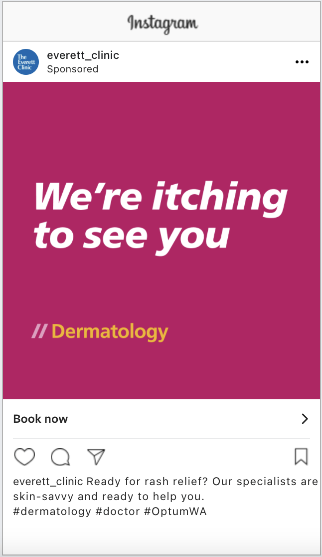 Promotional graphic for a dermatology clinic featuring the text "We're itching to see you" on a vibrant pink background with a call-to-action to book an appointment.