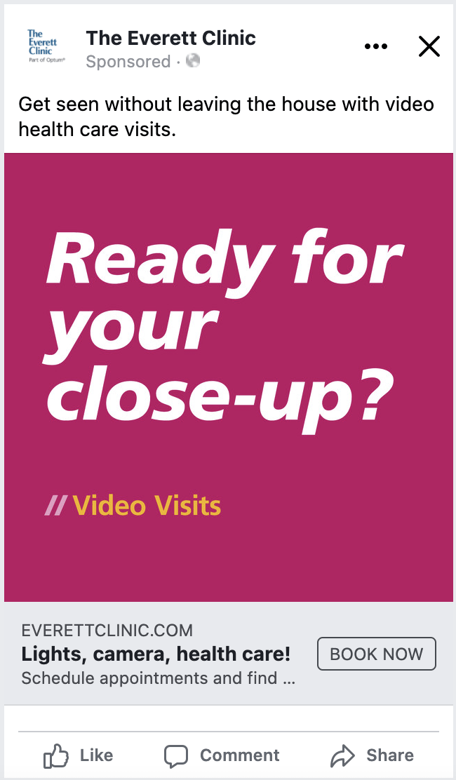 Alt text: Promotional image for The Everett Clinic highlighting video health care visits with the text "Ready for your close-up?" on a pink background.