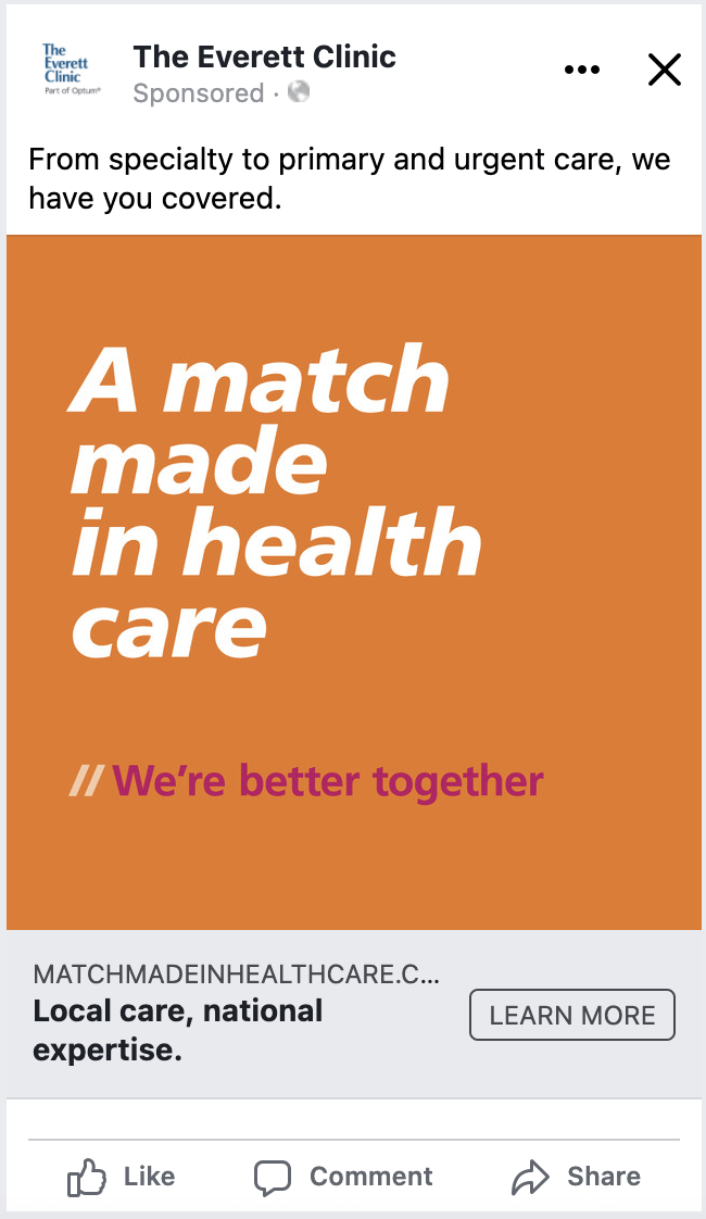 Promotional graphic for The Everett Clinic highlighting comprehensive health care services from specialty to urgent care, emphasizing collaboration and community support.