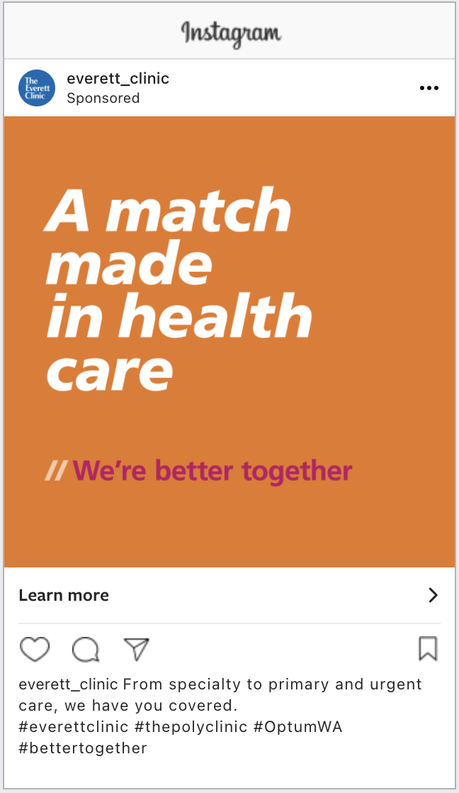 Graphic promoting healthcare collaboration with the text "A match made in health care" and "We're better together," encouraging viewers to learn more about healthcare partnerships.