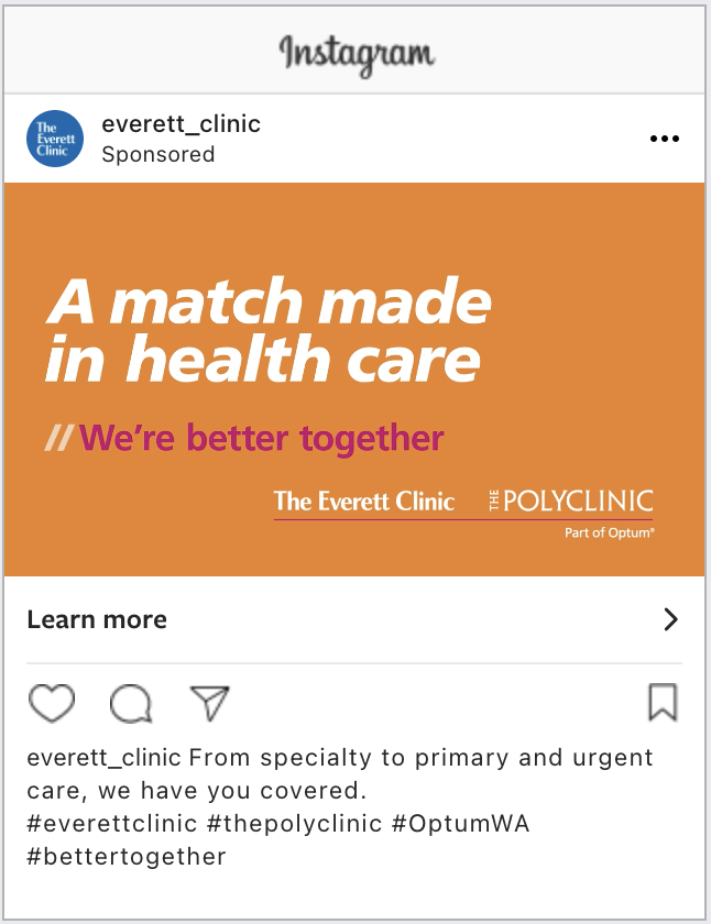 Sponsored advertisement for The Everett Clinic and Polyclinic partnership, highlighting comprehensive health care services from specialty to primary and urgent care.