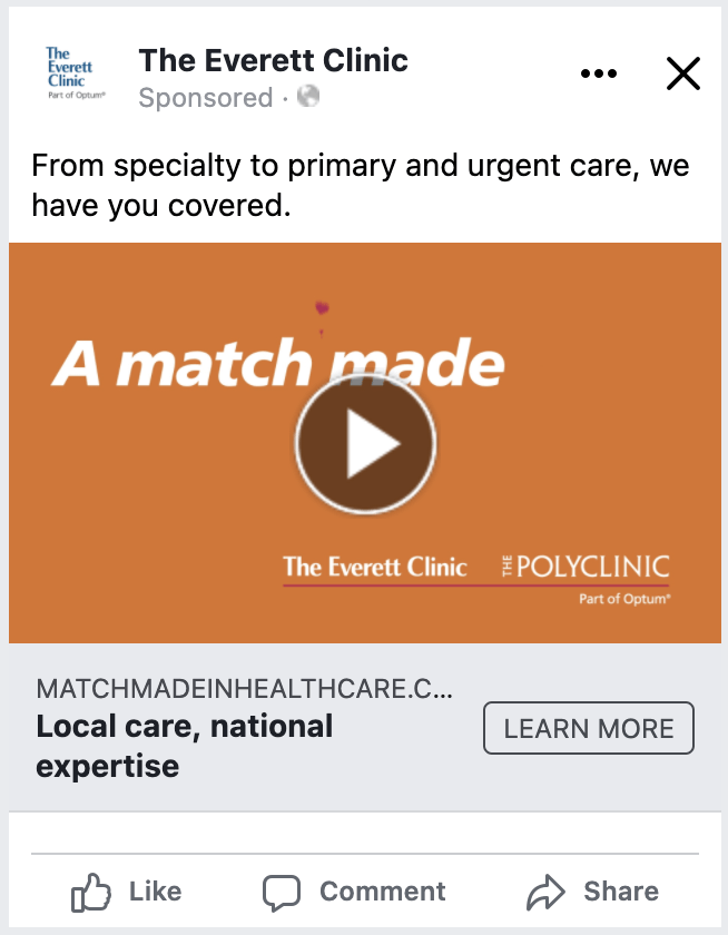 Video advertisement for The Everett Clinic/Polyclinic, promoting comprehensive healthcare services from specialty to primary and urgent care. Features a call to action to learn more about local and national expertise.