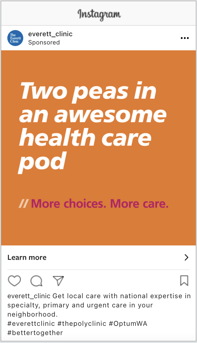 Graphic promoting a health care service, featuring the tagline "Two peas in an awesome health care pod" with a call to action for more choices and care.