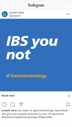 Text graphic promoting gastroenterology services with the phrase "IBS you not" on a blue background, highlighting expertise in addressing gastrointestinal issues.