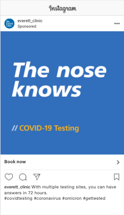 COVID-19 testing advertisement by Everett Clinic, featuring the slogan "The nose knows" on a blue background, promoting quick test results within 72 hours.