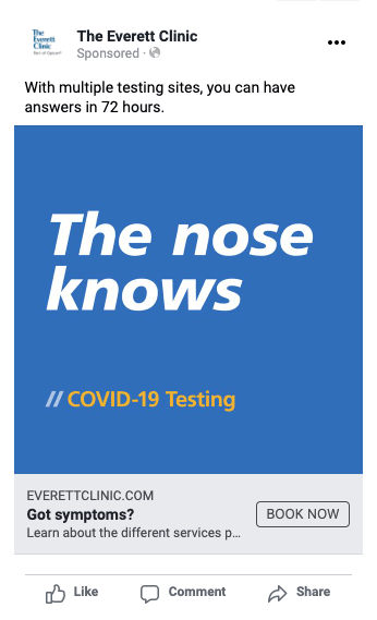 COVID-19 testing advertisement from The Everett Clinic highlighting multiple testing sites with results available in 72 hours.