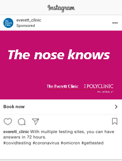 Promotional image for The Everett Clinic and Polyclinic advertising testing services, featuring the text "The nose knows" on a vibrant pink background, encouraging viewers to book appointments for quick results within 72 hours.