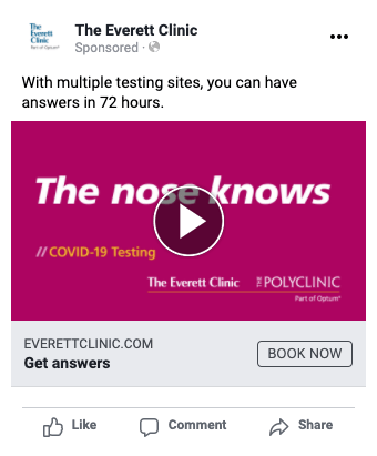 Promotional banner for COVID-19 testing services by The Everett Clinic and Polyclinic, featuring the slogan "The nose knows," with a play button indicating a video, and a call to action to book appointments for results in 72 hours.