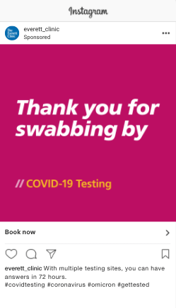 Thank you message for COVID-19 testing with emphasis on quick results within 72 hours, promoting multiple testing sites.