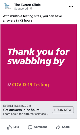 Promotional graphic for The Everett Clinic highlighting COVID-19 testing services, emphasizing quick results within 72 hours and encouraging users to book appointments.