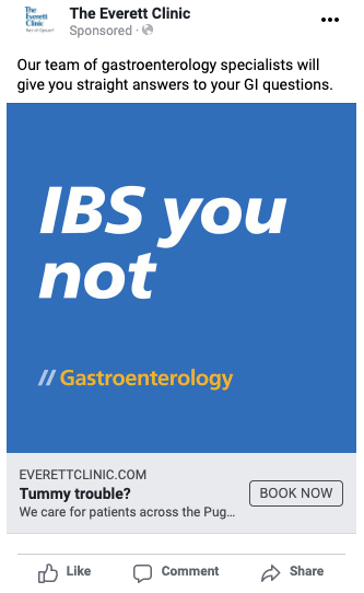Promotional graphic for The Everett Clinic highlighting gastroenterology services, featuring the text "IBS you not" against a blue background, with a call to action for booking appointments related to gastrointestinal issues.