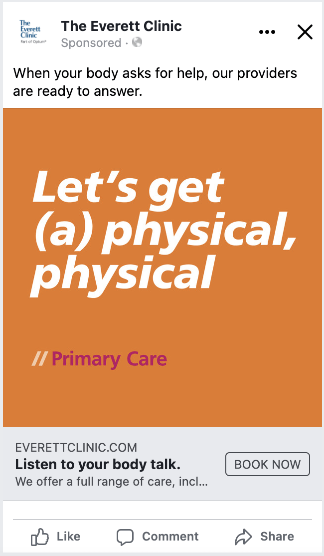 Text graphic promoting physical health with the phrase "Let's get (a) physical, physical" and the tagline "Primary Care" on an orange background.