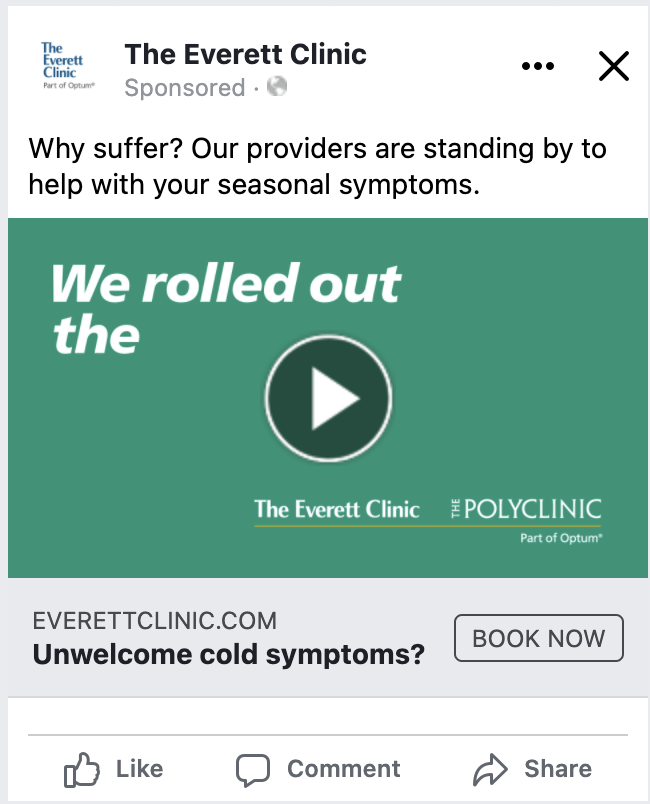 Promotional image for The Everett Clinic featuring a video play button, highlighting seasonal symptom relief and encouraging visitors to book an appointment for cold symptoms.
