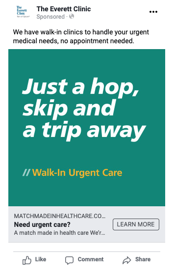 Text promoting walk-in urgent care services, emphasizing convenience with the phrase "Just a hop, skip and a trip away." The image features a green background with bold white and yellow text.