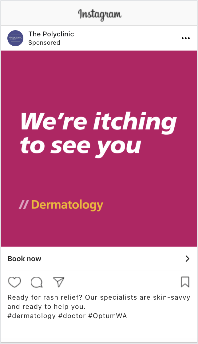 Promotional graphic for The Polyclinic highlighting dermatology services, featuring the text "We’re itching to see you" on a bold background. Call-to-action encourages booking an appointment for skin-related issues.