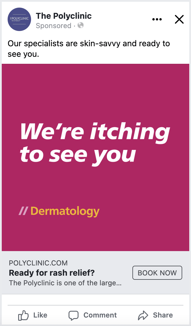 Promotional graphic for The Polyclinic highlighting dermatology services, featuring bold text that encourages patients to seek skin care and relief from rashes.