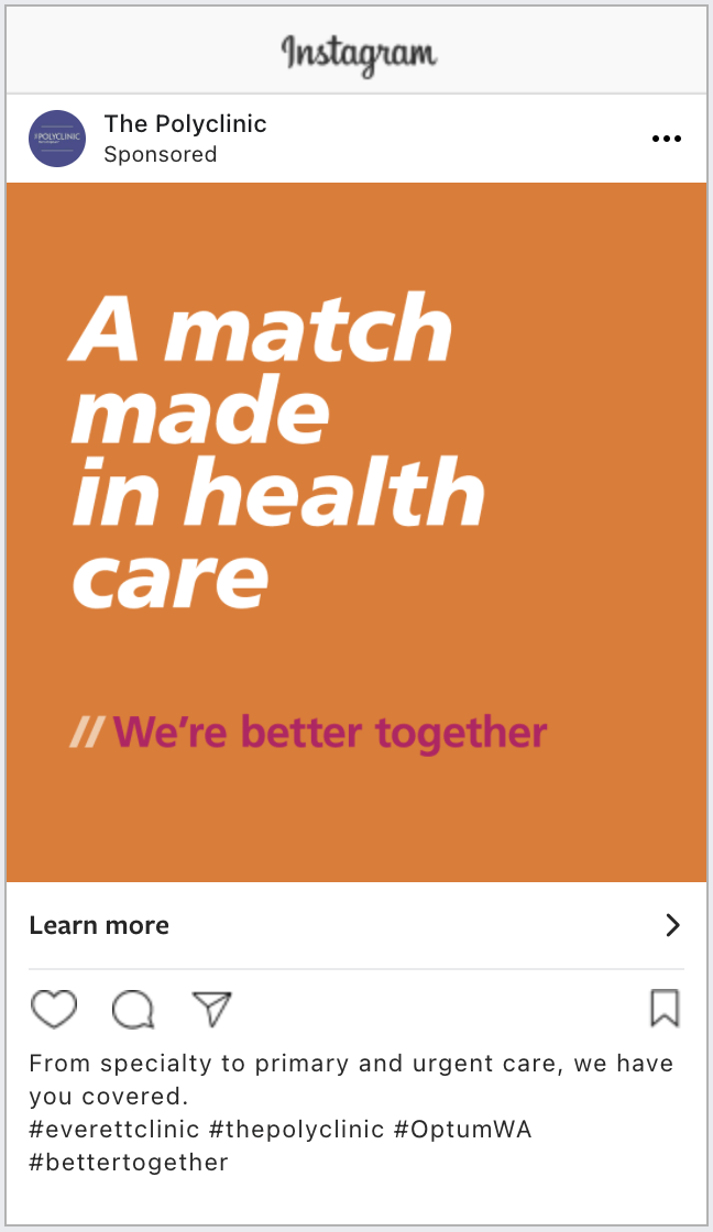 Graphic promoting collaboration in health care with the text "A match made in health care" and "We're better together" on an orange background. Call to action to learn more.
