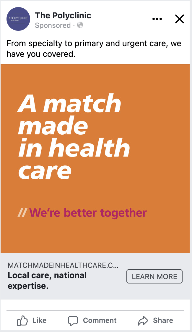 Promotional graphic for The Polyclinic highlighting comprehensive health care services, including specialty, primary, and urgent care. Features the tagline "A match made in health care" with an invitation to learn more about local care and national expertise.