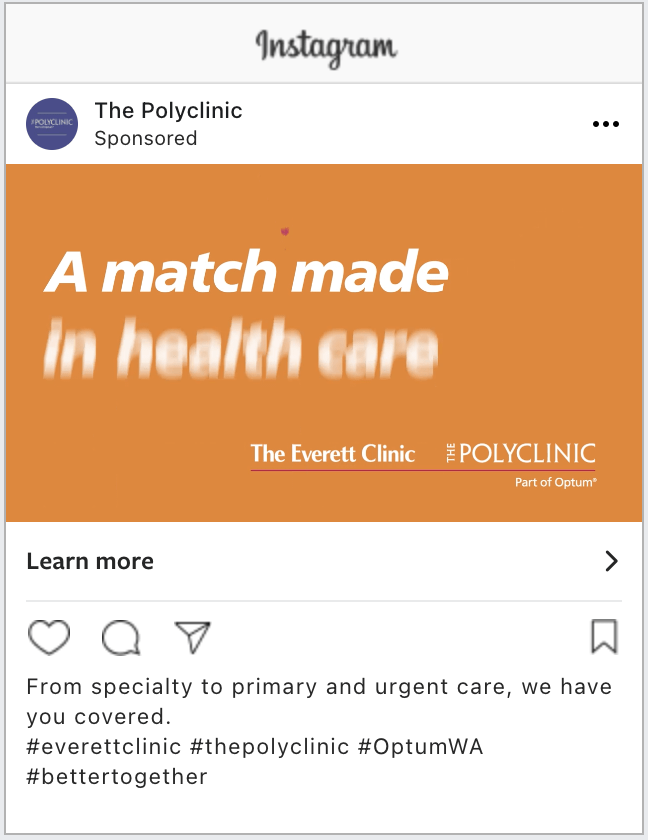 Sponsored advertisement for The Polyclinic featuring the tagline "A match made in health care" on an orange background, highlighting their services from specialty to urgent care.