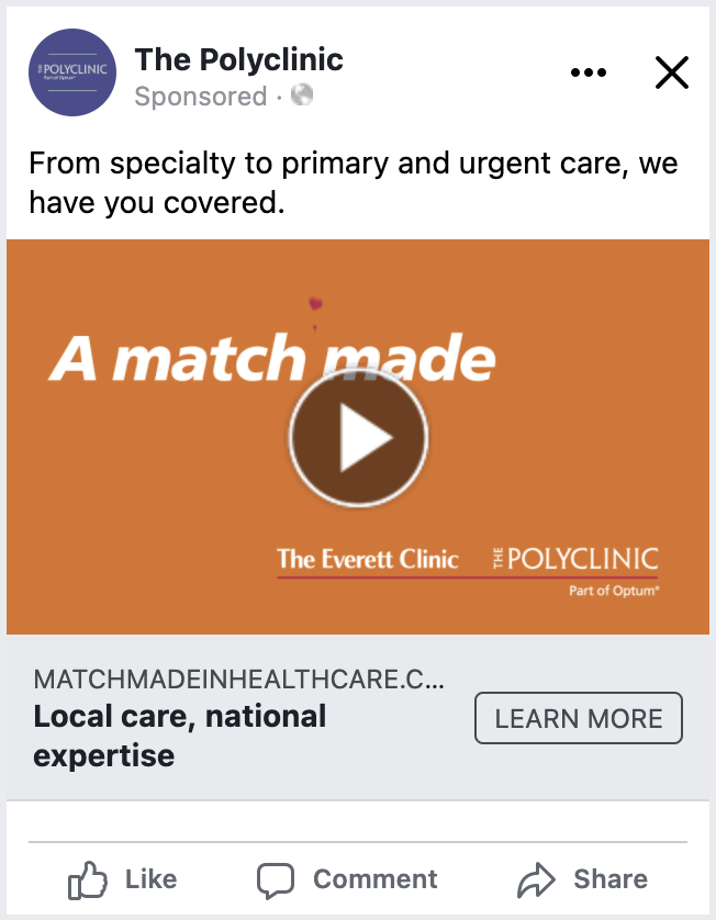 Video advertisement for The Everett Clinic highlighting their comprehensive healthcare services, from specialty to primary and urgent care, emphasizing local care with national expertise.