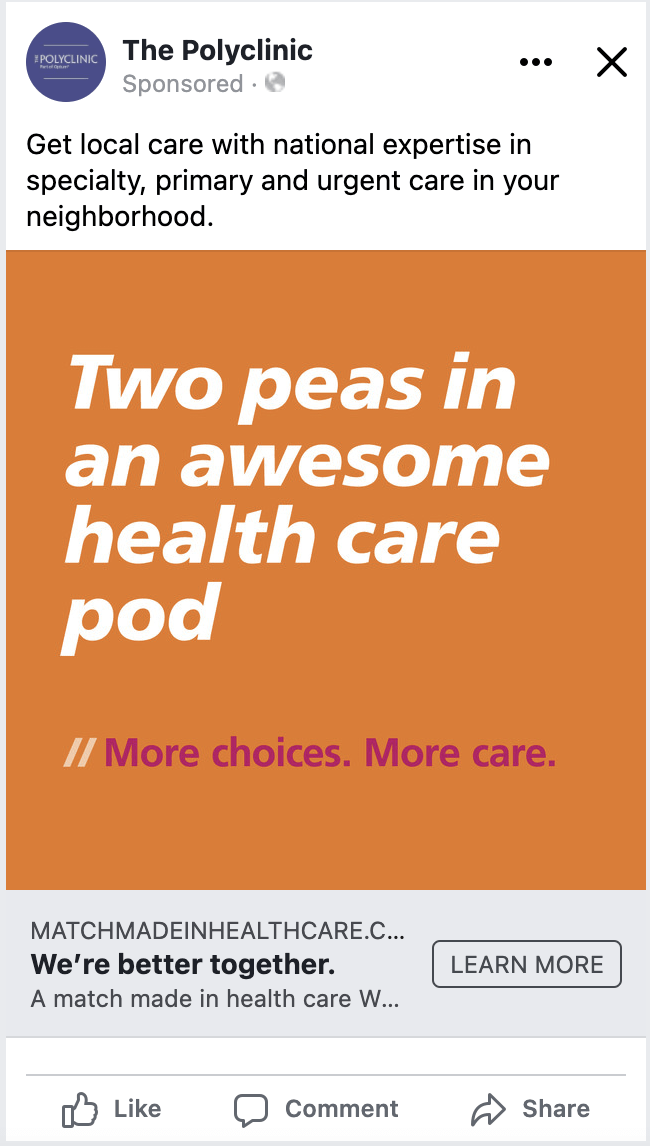 Graphic promoting a health care service featuring the phrase "Two peas in an awesome health care pod" with a tagline emphasizing increased choices and care.