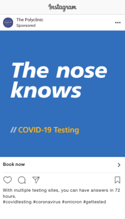 Text graphic promoting COVID-19 testing with the phrase "The nose knows" on a blue background, encouraging users to book an appointment.