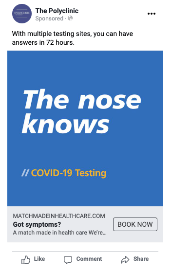 Promotional graphic for COVID-19 testing featuring the phrase "The nose knows" on a blue background, with the website matchmadeinhealthcare.com displayed.