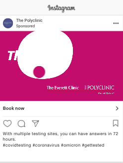 Promotional graphic for The Polyclinic and The Everett Clinic, highlighting COVID-19 testing services with a vibrant pink background, featuring a call to action for booking appointments.