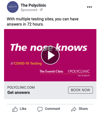 Promotional image for COVID-19 testing services by PolyClinic, featuring a video and a call-to-action to book an appointment. The design highlights multiple testing sites with results available in 72 hours.