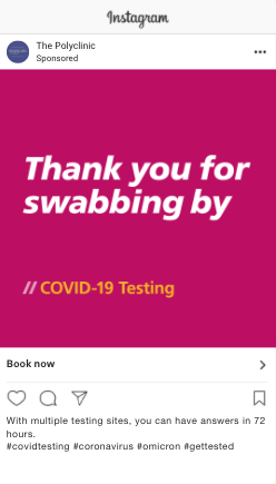 Thank you for visiting The Polyclinic for COVID-19 testing, featuring a vibrant pink background and clear messaging about quick test results within 72 hours.