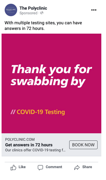Thank you message for COVID-19 testing at Poly Clinic, featuring vibrant pink background and informative text.