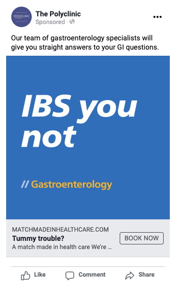Graphic promoting gastroenterology services at The Polyclinic, featuring the phrase "IBS you not" on a blue background, with a call to action for booking an appointment for GI questions.