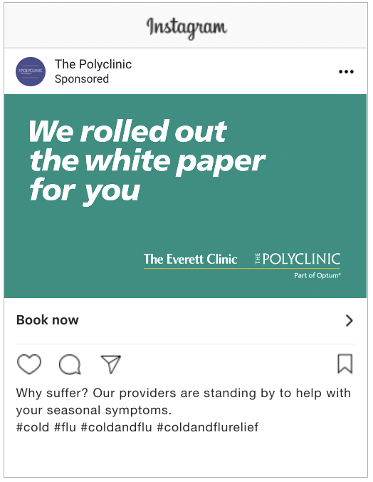 Sponsored advertisement from The Polyclinic promoting a white paper related to seasonal symptoms, encouraging users to book an appointment for assistance.