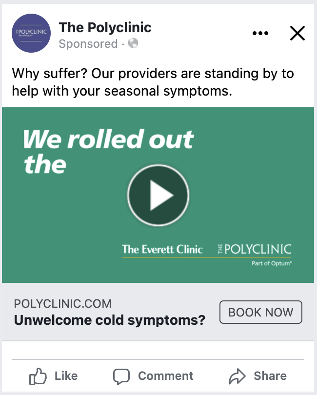 Promotional image for The Polyclinic featuring a video play button, emphasizing assistance for seasonal symptoms with a call-to-action to book an appointment for cold symptoms.
