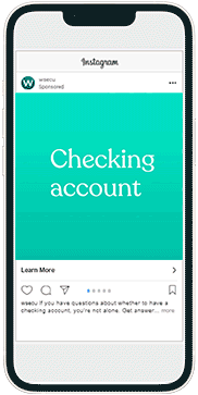 Mobile phone displaying a vibrant teal background with the text "Checking account" prominently featured, promoting banking services. The screen includes a "Learn More" button for user engagement.