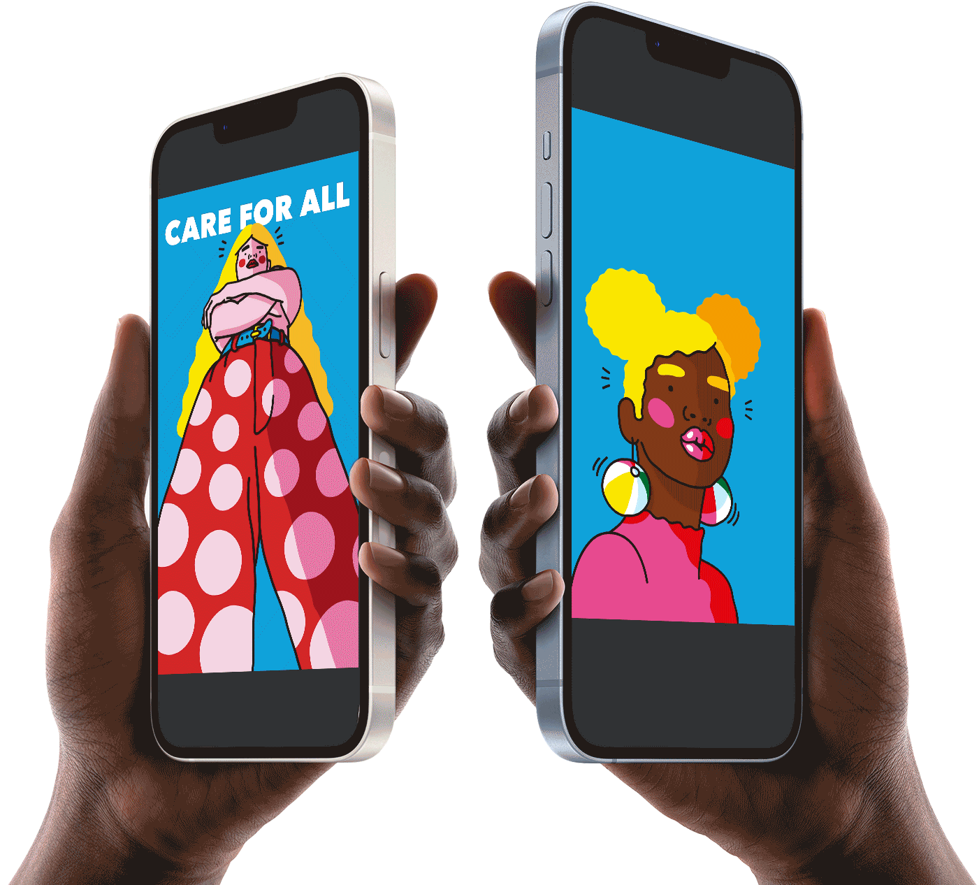 Two smartphones held in hands display vibrant digital illustrations. The left phone shows a character with long blonde hair in colorful polka dot pants, while the right phone features a character with a bright yellow hairstyle and bold accessories. The background is a striking blue, emphasizing the artistic style.