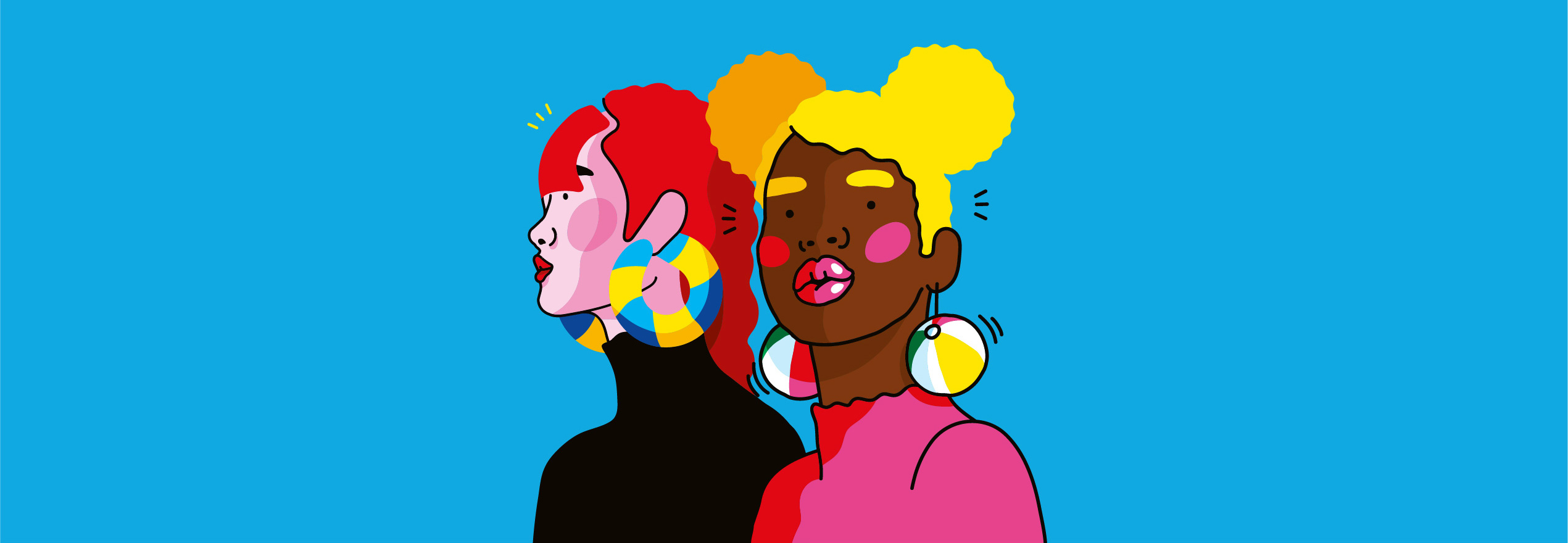 Two women with vibrant hairstyles and colorful earrings, set against a bright blue background. One woman has red hair styled in a bob with hoop earrings, while the other has blonde hair in pigtails and large round earrings. The image showcases bold colors and a modern, artistic style.