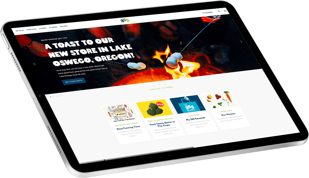 Tablet displaying a vibrant website for a store in Lake Oswego, Oregon, featuring sections on products and promotions.