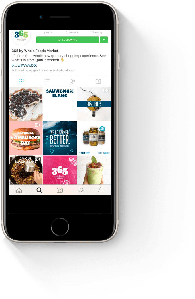 Instagram feed of 365 by Whole Foods Market showcasing various food items and promotions, including a smoothie, burgers, and snacks, highlighting the brand's grocery shopping experience and community engagement.