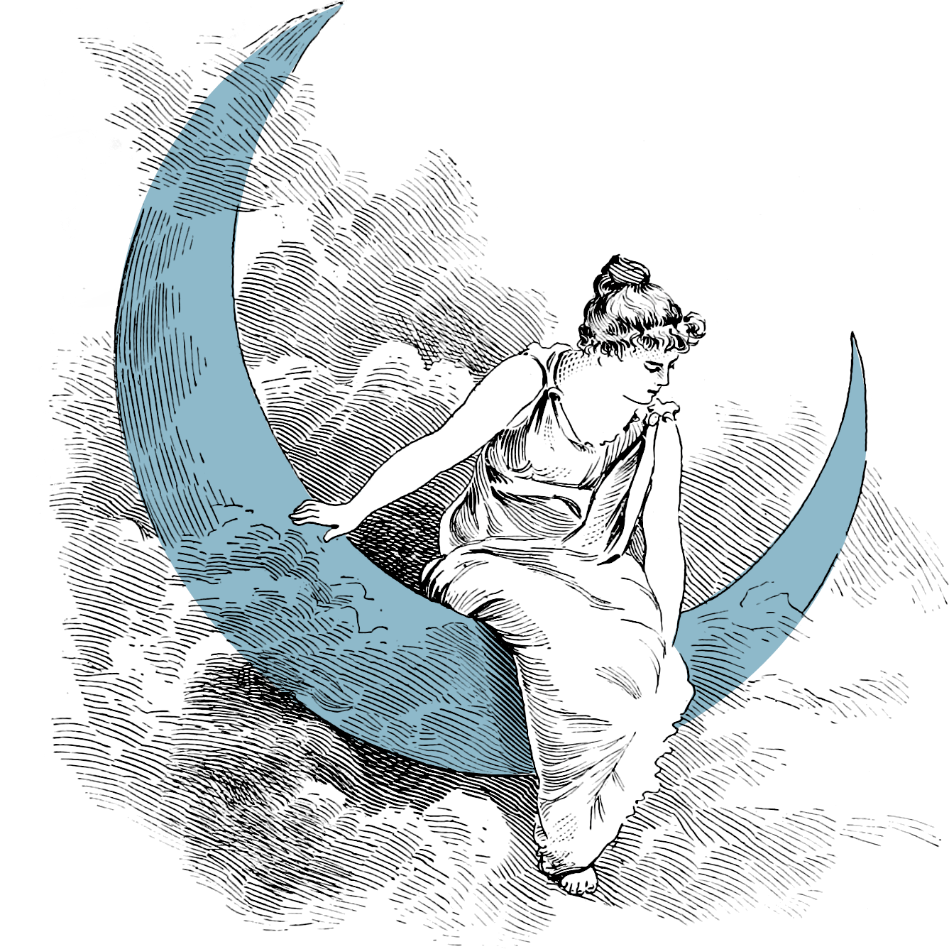 A vintage illustration of a woman sitting gracefully on a crescent moon, featuring intricate details and a soft blue color palette, set against a black background.