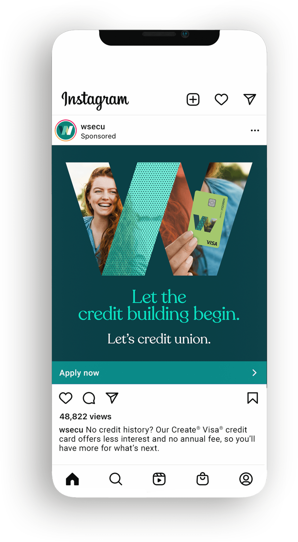 A smiling woman holds a green credit card against a teal background featuring a large letter "W." The text promotes credit building through a credit union, encouraging viewers to apply.